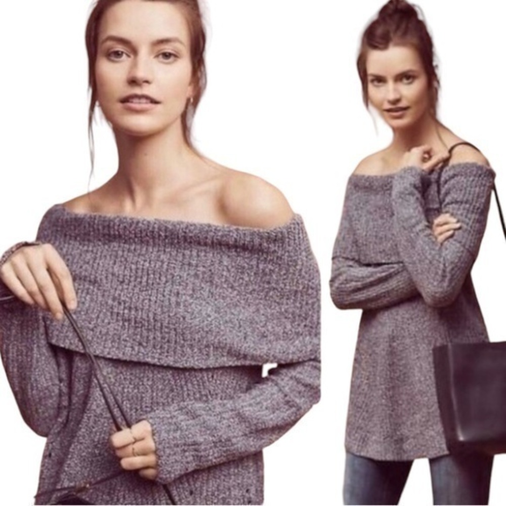 MOTH Anthropologie Sweater Gray Oversized Off Shoulder Cowl Neck Sweater Size XS